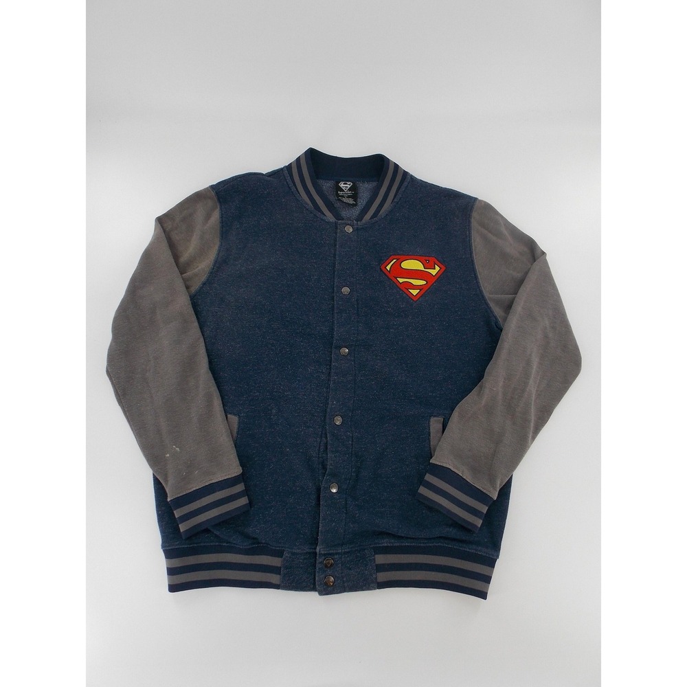 Superman Varsity Jacket Letterman Bomber Y2K Men Size Large Navy Blue‎ Gray Logo